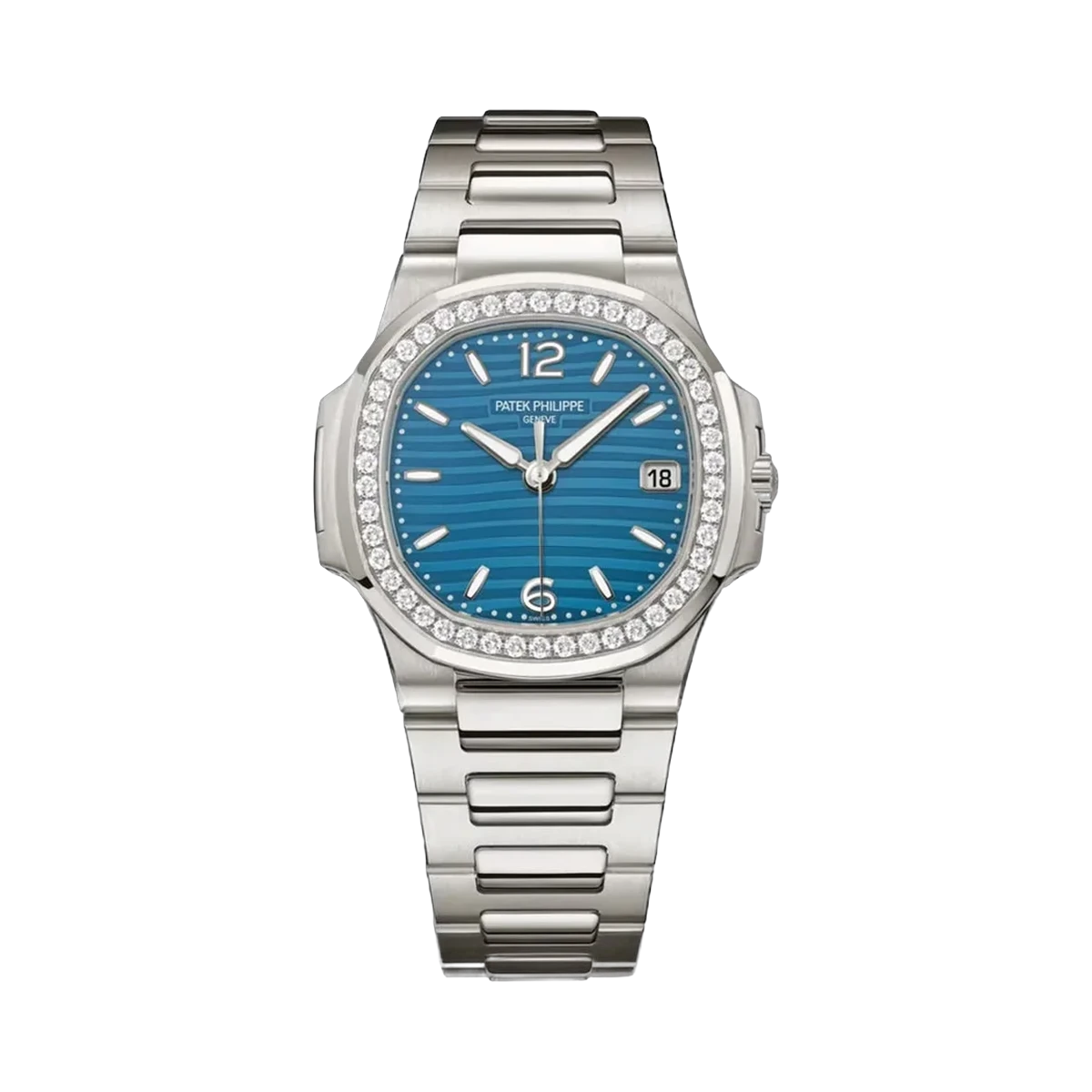 Patek Philippe Nautilus 7010/1G-013 White Gold Azure Blue Dial Diamond Bezel 32mm Ladies Watch
