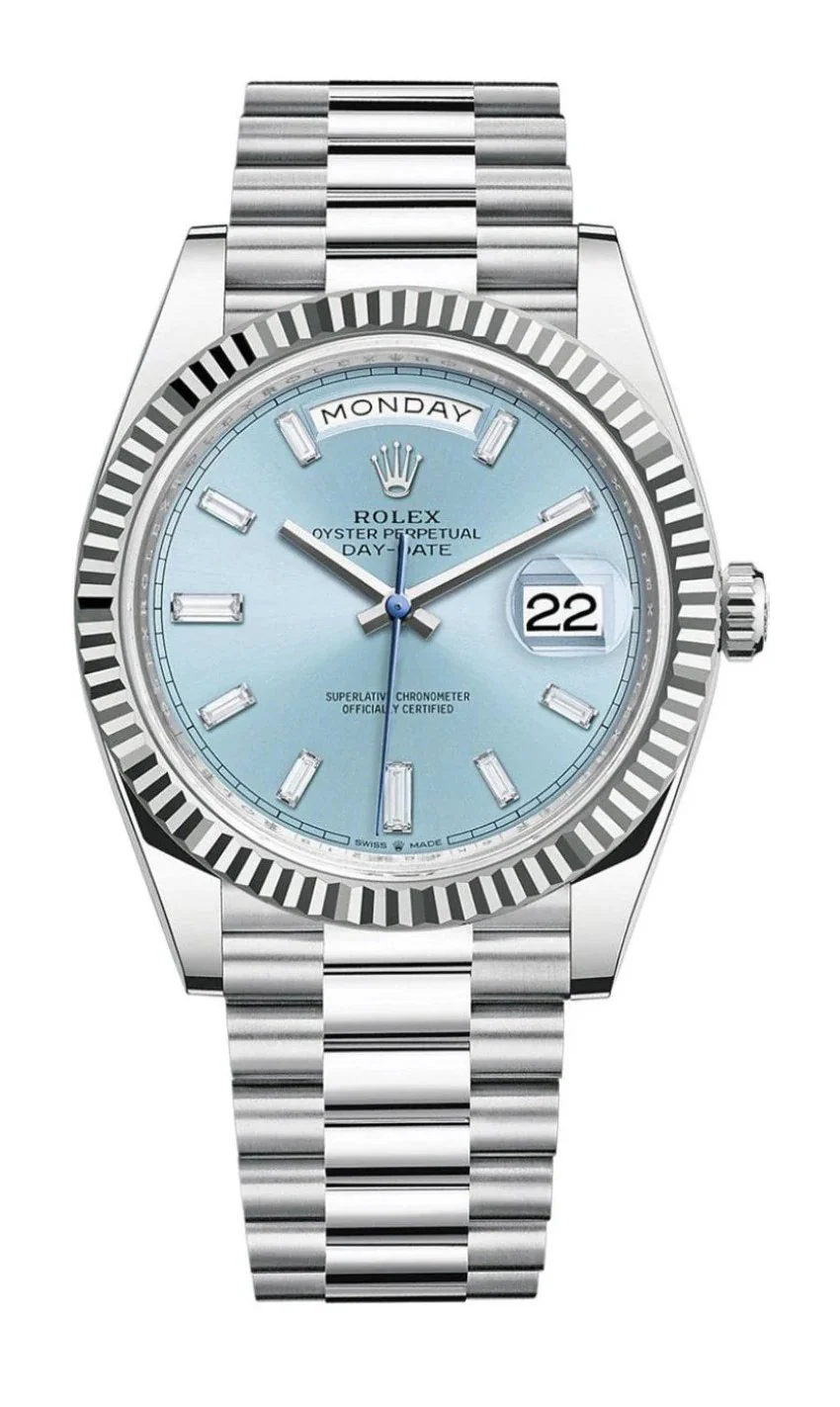 Rolex Day-Date 40 Platinum Ice Blue Baguette Dial